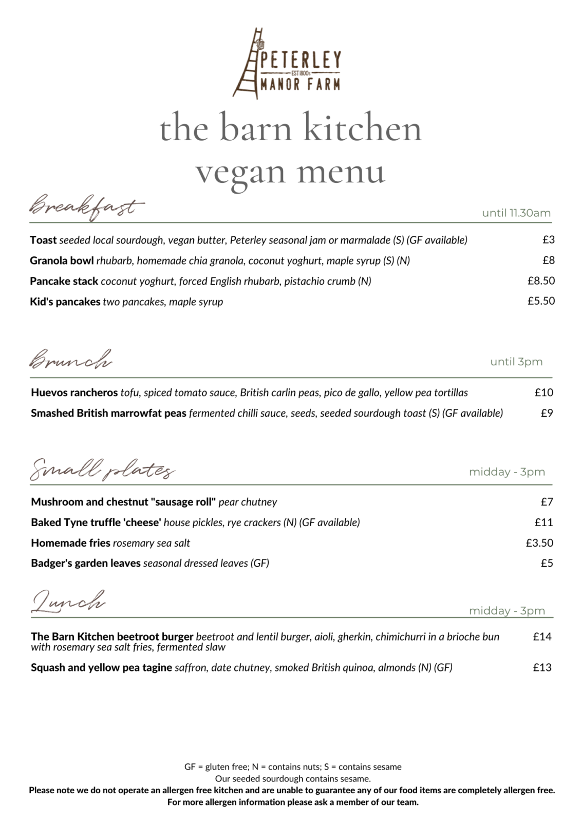 Barn Kitchen vegan menu Peterley Manor Farm